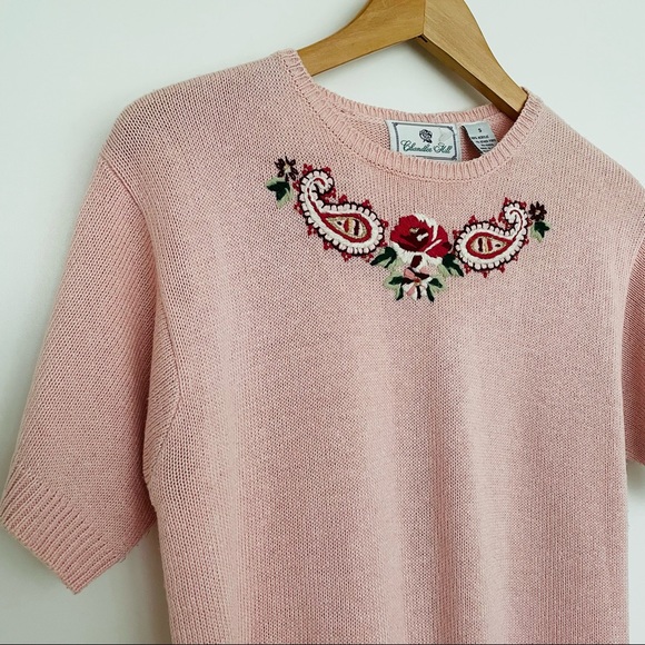 Vintage mauve short-sleeve sweater with floral appliqué - Picture 1 of 6